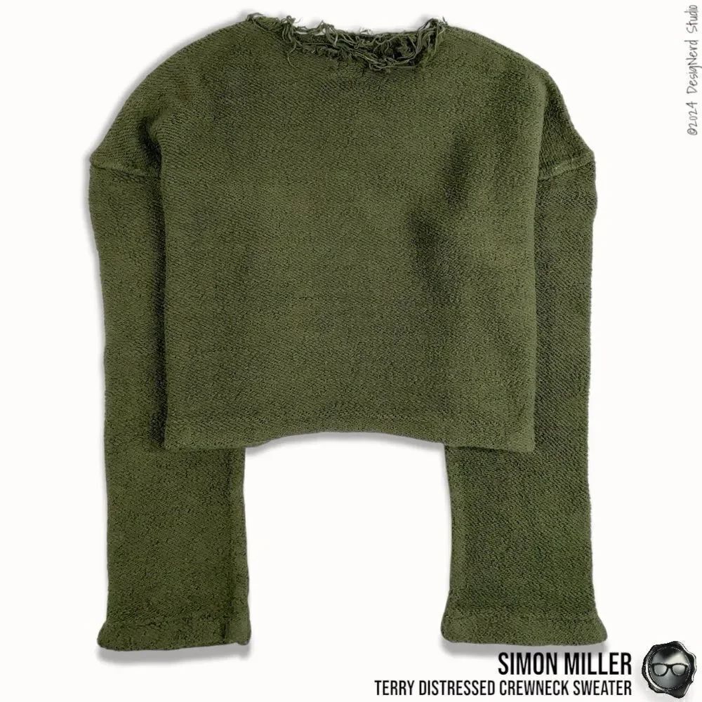 SIMON MILLER DISTRESSED CREWNECK SWEATER IN MOSS GREEN TERRY CLOTH 2016 OVERSIZE